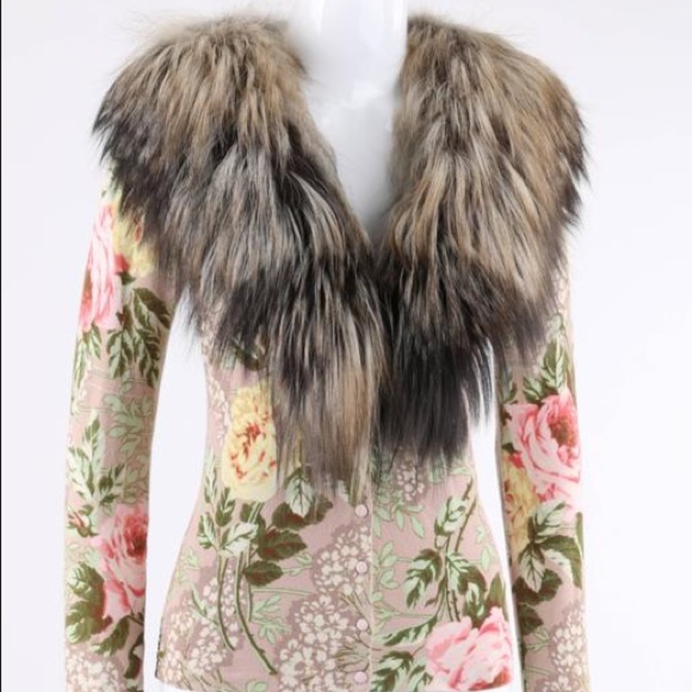 Vintage Blumarine Floral Fox Fur trim cardigan